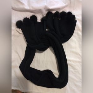 Jet black wool style scarf with pompoms